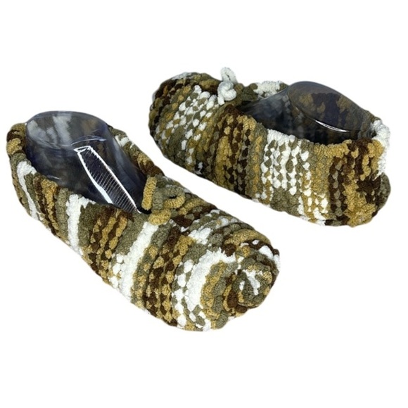 Hand Knit Chenille Slippers Green Brown Mix Thick Soft Cozy Size Large 7-9 - Picture 1 of 9